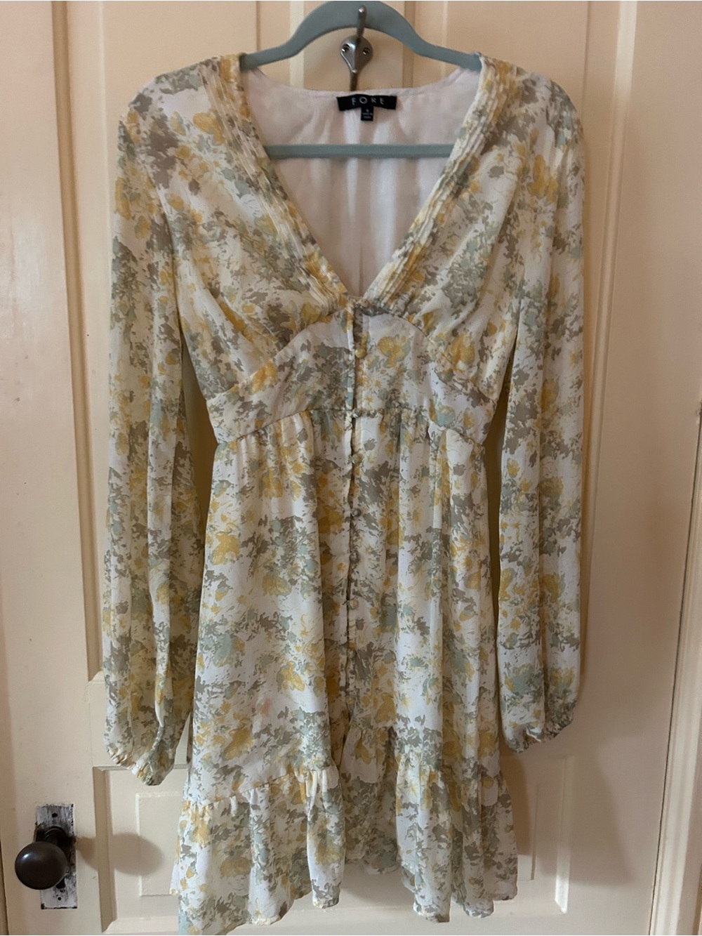 FORE feminine Floral Long Sleeve mini Dress Yellow gray & Cream S
